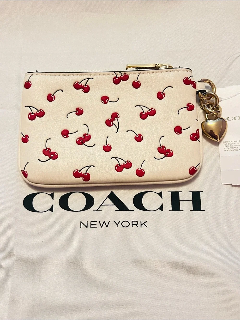 COACH Cherry Print/ W Heart Charm Wristlet Pouch